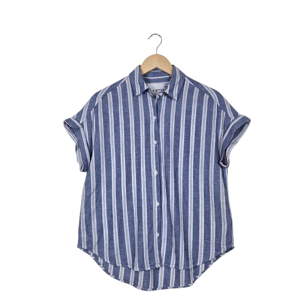 Button-Front Blue Stripe Short-Sleeve Blouse